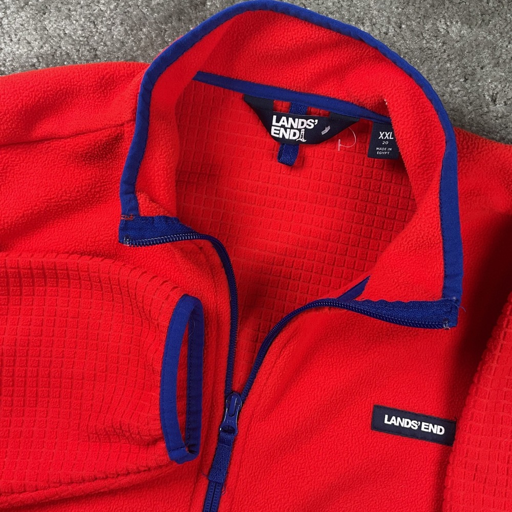 Lands End Grid Fleece Jacket Womens XXL Red Full Zip Mock Neck Outdoor